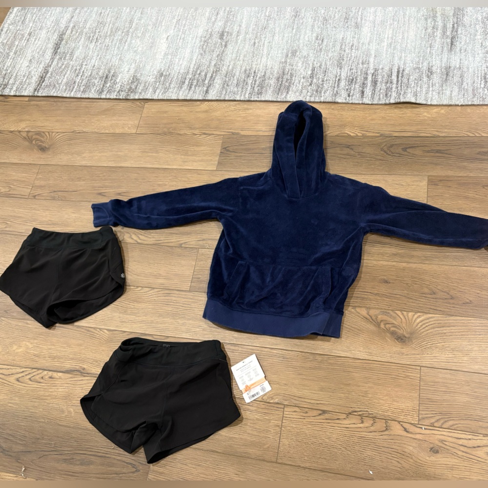 Athleta Navy Blue Plush Hoodie with Black Athletic Shorts